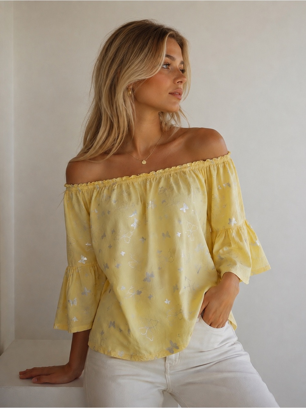 Luna Moon Yellow Butterfly Print Off Shoulder Blouse S